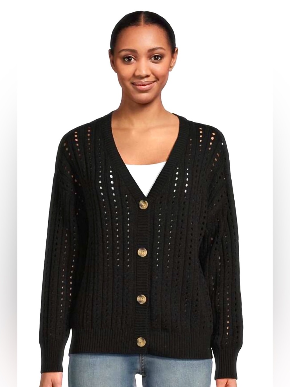 Time and Tru Black relaxed fit Open-Knit Button-Front Cardigan
Size Large